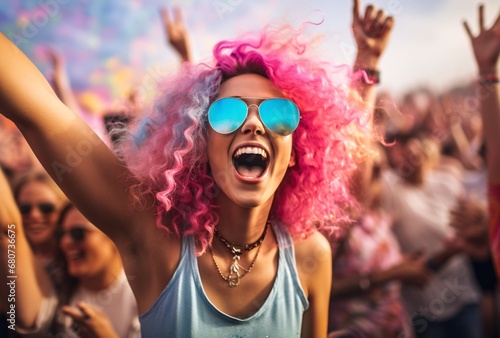 woman with colorful hair celebrating at the music festival, feminine empowerment, bold saturation innovator, colorized