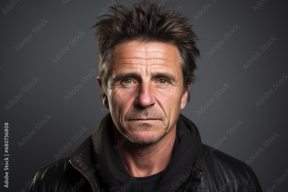 Portrait of a man in a leather jacket over grey background. Portrait of a man in a leather jacket over grey background.