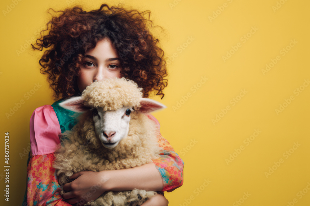 A charming scene with a lamb and a girl on a yellow background. Pastel tones add to the feeling of tenderness, creating a cute animal concept. A charming scene with a lamb and a girl on a yellow background. Pastel tones add to the feeling of tenderness, creating a cute animal concept.
