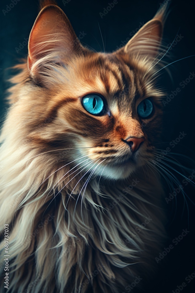 Fototapeta premium portrait of a furry cat with blue eyes, dark beige and red