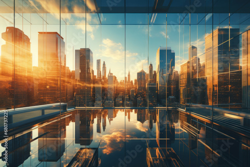 A mirrored reflection of a city skyline in a glass building  illustrating the juxtaposition of man-made structures against the backdrop of natural beauty. Concept of urban reflections. Generative Ai.