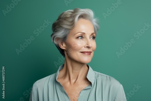 Portrait of beautiful senior woman with grey hair and blue shirt on green background