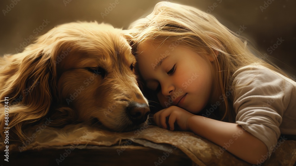 Pretty little girl lying side by side with her dog, both with their eyes closed, 16:9