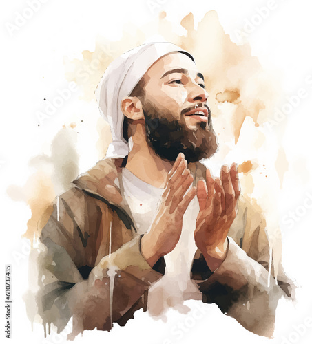 muslim man salah Praying for blessings from God , watercolor clipart photo