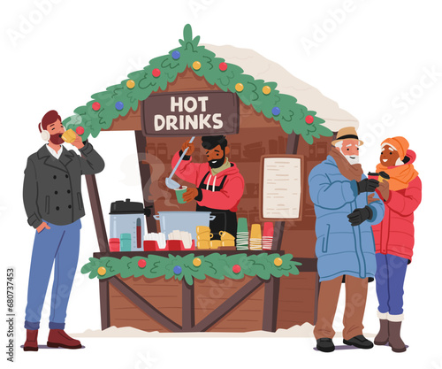 Characters Gather At Christmas Fair Stall, Their Faces Lit By The Warm Glow Of Hot Drink Cups, Sharing Festive Joy