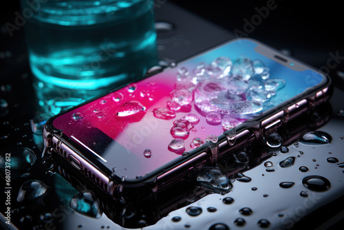 The sparkling surface of a disinfected and sanitized smartphone, emphasizing the importance of keeping personal devices clean and hygienic. Concept of device cleanliness. Generative Ai.