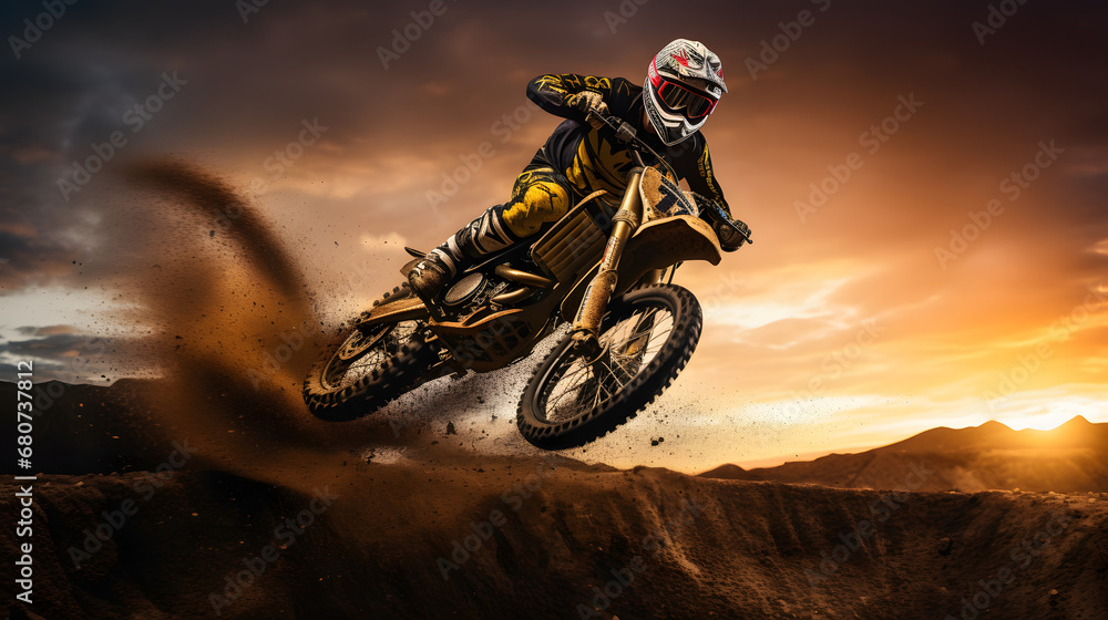 High-flying jump by motocross rider over dirt track High-flying jump by motocross rider over dirt track