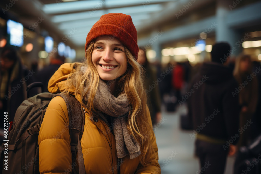 A woman ecstatically hugging her long-lost friend at the airport, encapsulating the happiness of reunions. Concept of friendship and travel. Generative Ai.
