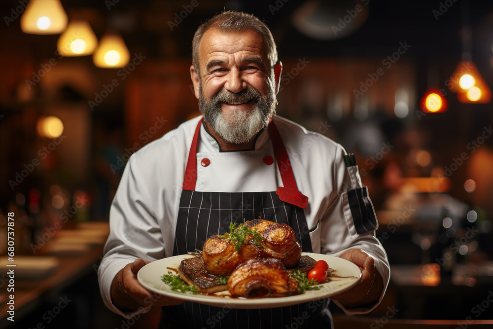 A chef proudly presenting a beautifully plated dish, showcasing the happiness of culinary craftsmanship. Concept of gastronomy and gourmet cuisine. Generative Ai.