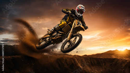 High-flying jump by motocross rider over dirt track