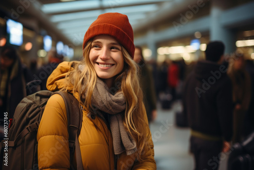 A woman ecstatically hugging her long-lost friend at the airport, encapsulating the happiness of reunions. Concept of friendship and travel. Generative Ai. © Sebastian