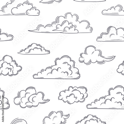Seamless Pattern Featuring Whimsical, Sketchy Clouds Floating Gracefully Across The Fabric, Wallpaper Design