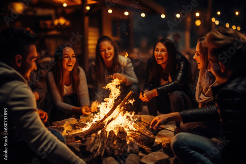 A group of friends huddled around a bonfire, roasting marshmallows and sharing stories with laughter. Concept of togetherness and campfire camaraderie. Generative Ai.