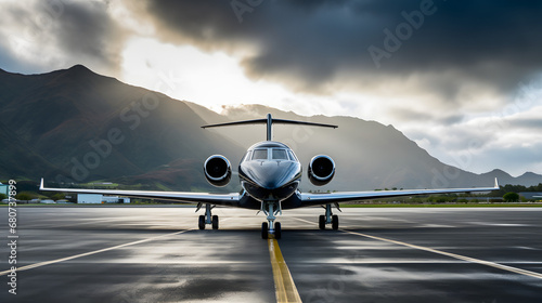 Private jet on runway with mountainous backdrop