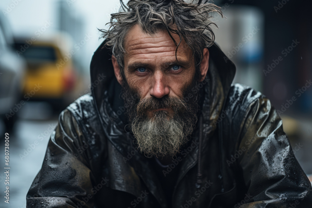 Obraz premium A homeless individual, looking weary and desolate on a city street. Concept of poverty and despair. Generative Ai.