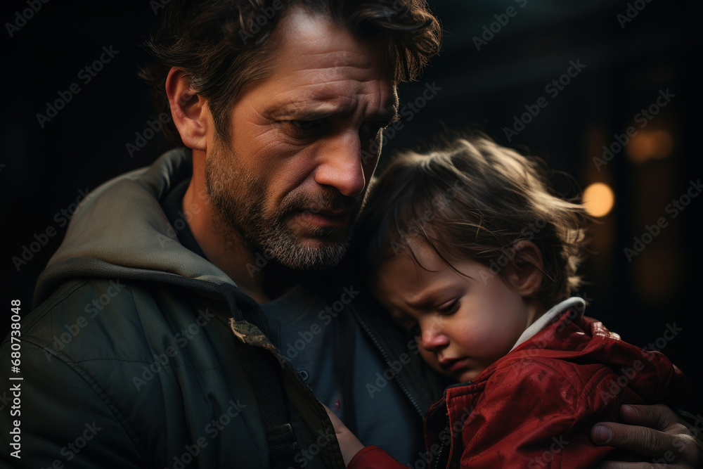 A father, looking downhearted, trying to console his crying child. Concept of parenthood and empathy. Generative Ai. A father, looking downhearted, trying to console his crying child. Concept of parenthood and empathy. Generative Ai.