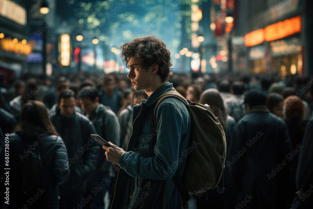 A person in a crowded urban area, feeling isolated in the midst of the bustling city. Concept of urban loneliness and disconnection. Generative Ai. A person in a crowded urban area, feeling isolated in the midst of the bustling city. Concept of urban loneliness and disconnection. Generative Ai.