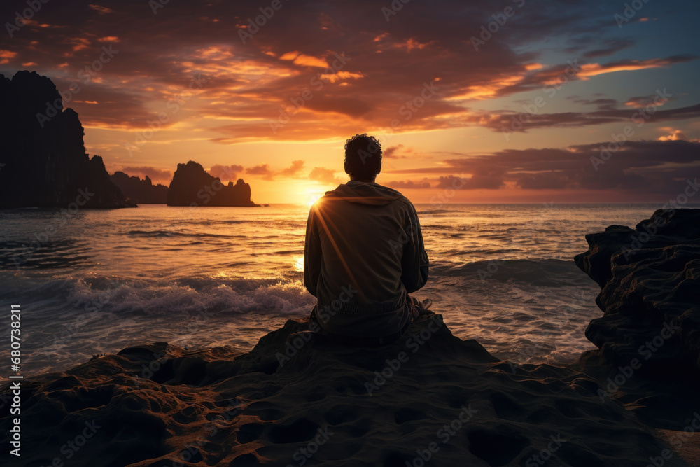 A person watching the sunset on a desolate beach, pondering life's mysteries with a contemplative expression. Concept of nature and introspection. Generative Ai.
