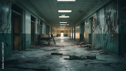 Vacant hospital corridor, peeling paint and shattered windows photo