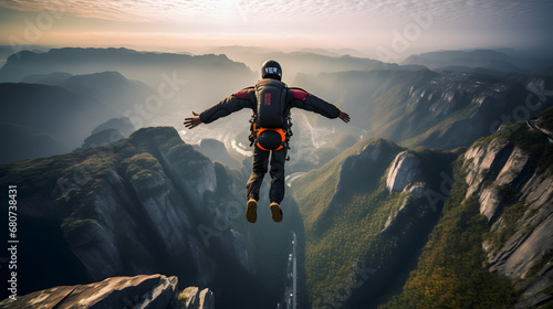 Base jumper leaping off towering cliff with parachute photo