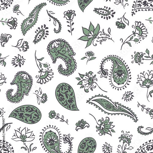 Ethnic sage green paisleys with flowers seamless repeat pattern on white background. Traditional, random placed, vector all over scarf print.