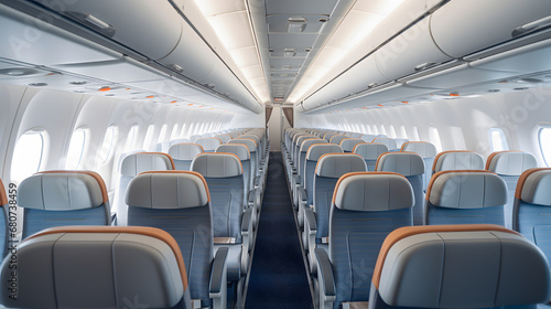 Commercial airplane cabin with rows of seats and overhead bins
