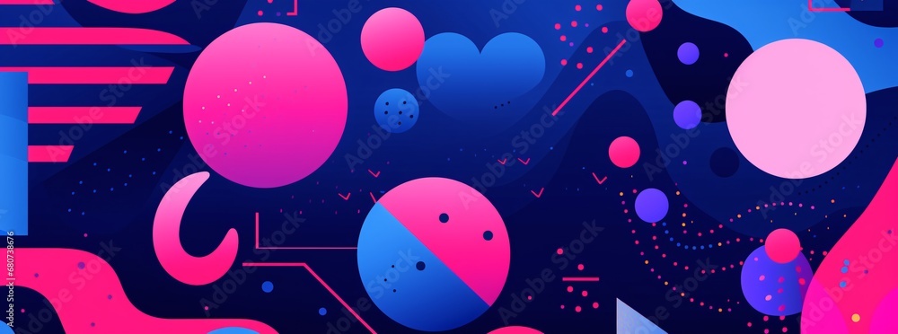 various shapes and objects light navy and magenta sound art bold graphic patterns
