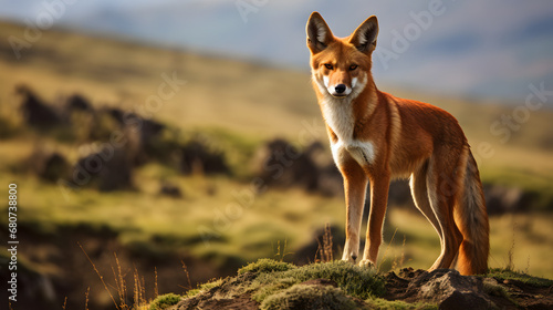 Ethiopian wolf hunting in Simien Mountains highlands photo