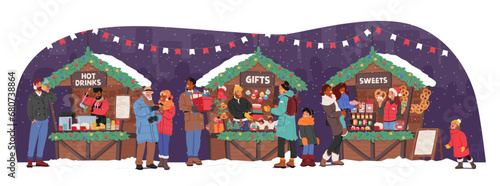 Characters Under The Twinkling Night Sky, Gather At The Festive Christmas Fair, Browsing Through Colorful Stalls