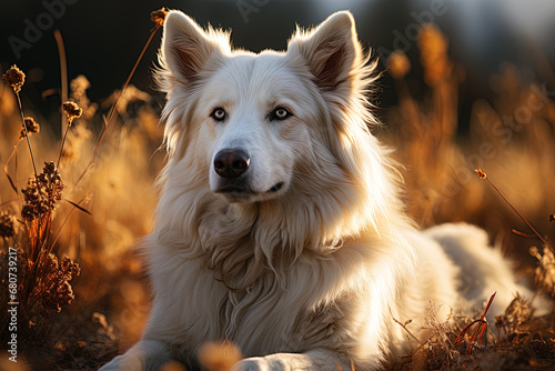 Portrait of white Swiss Shepherd dog on a nature, close up photo, morning light. Ai art