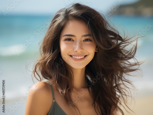 Beatiful portrait of asian girl on blur beach background