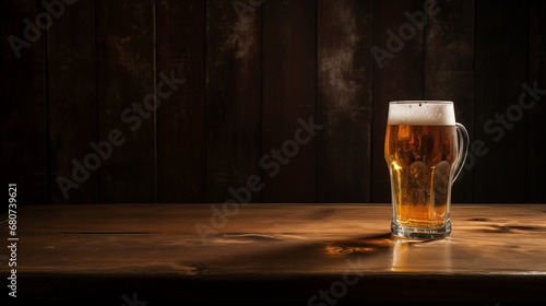 On a bar table, a glass of beer sits
