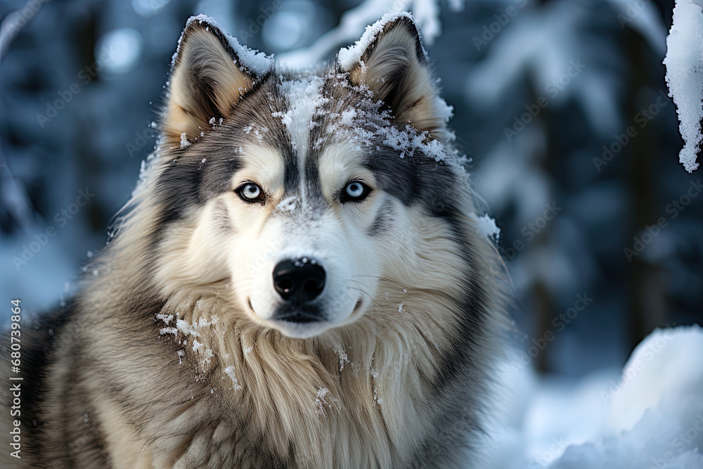 Alaskan Malamute on background of snow-covered forest Close-up photo, natural natural light. Ai art