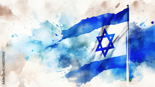 A watercolor illustration of the Israeli flag on white background flows across the canvas, representing the nation's dreams and aspirations as a work of art photo