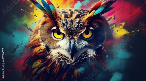 Mystical Vision: Abstract Owl Portrait with Colorful Double Exposure Paint. Generative ai © Scrudje