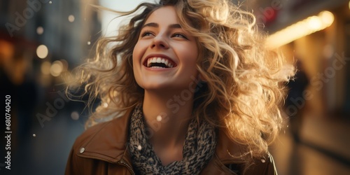 Beautiful portrait of happy cute girl on blur background