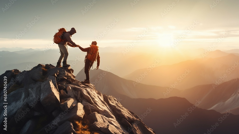 Summit Together: Modern Hikers in Mutual Support to Reach the Mountain Top. Generative ai