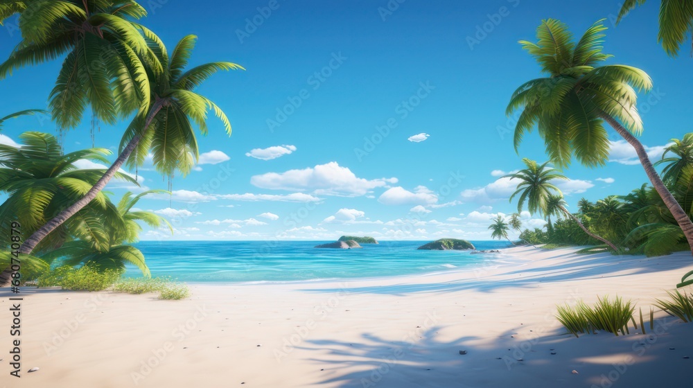 View of the beach during the day with clean sand and coconut trees