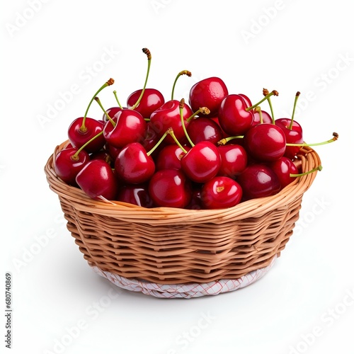 Summer Harvest: Ripe Sweet Cherry Berries in Wicker Basket Isolated on White. Generative ai