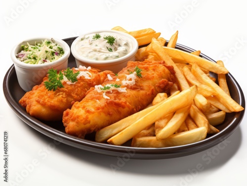 Fried fish and chips with sauce isolated on white background