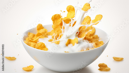 Corn flakes with milk splash in white bowl isolated on white background. AI Generative.