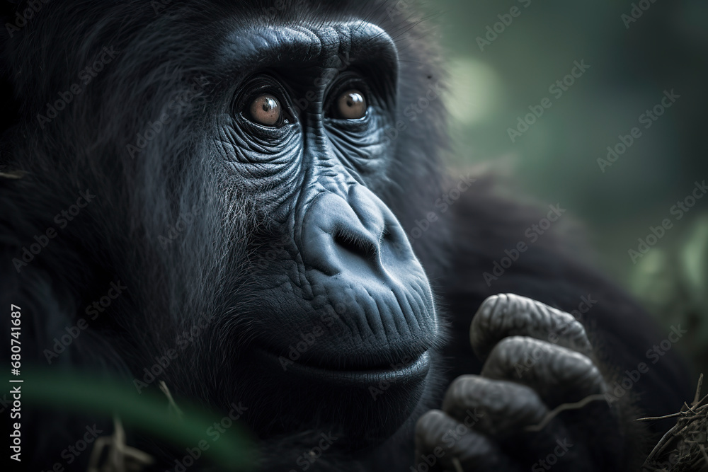 close-up photo of a gorilla s face with a wrinkled expression, set against a blurred background of green foliage, ai generative close-up photo of a gorilla s face with a wrinkled expression, set against a blurred background of green foliage, ai generative