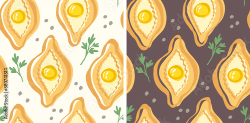 Vector seamless pattern of Georgian food of Ajarian khachapuri in doodle style. Khachapuri, food of Georgia.