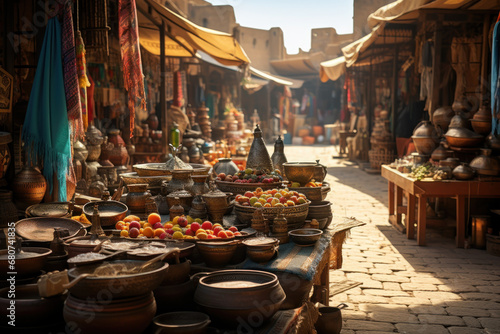 An Arabian bazaar with colorful textiles, spices, and bustling market activity. Concept of cultural diversity and trade. Generative Ai. photo