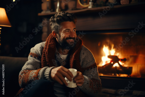 A bearded man in a cozy sweater, sipping hot tea by a roaring fireplace. Concept of relaxation and comfort. Generative Ai.
