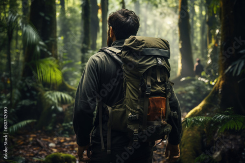 A man with a backpack and binoculars, exploring a dense rainforest. Concept of adventure and eco-tourism. Generative Ai.