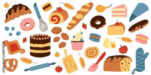 Vector set with sweet pastries in cartoon style. Baked goods and devices - French baguette, donut, croissant, bun, cake, cookies, eclair, macaron, cupcake, rolling pin, whisk. Hand drawn style.  © Hanna Perelygina