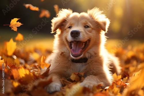 A delighted puppy rolling in a field of colorful autumn leaves. Concept of seasonal joy. Generative Ai.