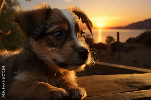 A contemplative puppy gazing at a setting sun's warm hues. Concept of peaceful serenity. Generative Ai.