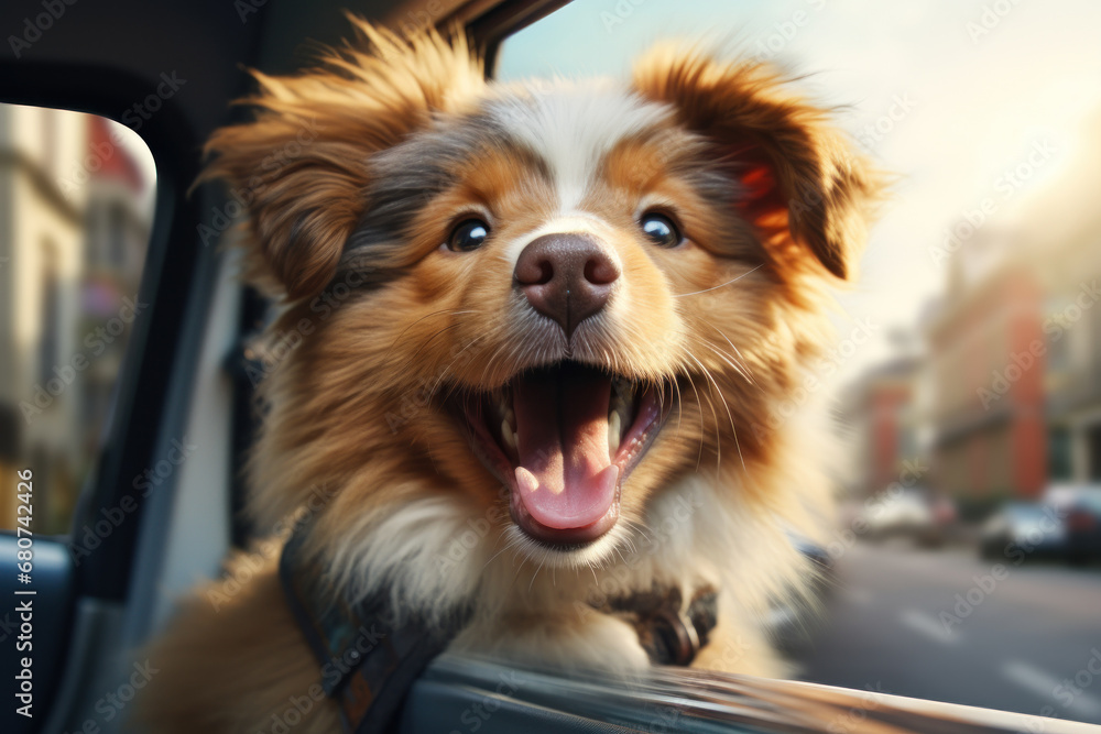 A playful pup savoring the thrill of a car ride, head out the window. Concept of joyful adventure. Generative Ai. - obrazy, fototapety, plakaty 